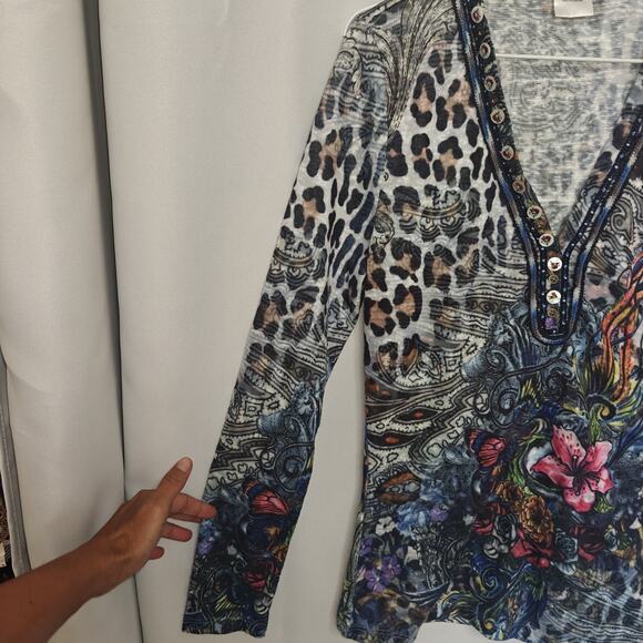 Alberto Makali size L Y2K Top Mixed Media Floral Tattoo Animal Print Knit Henley - Picture 7 of 7